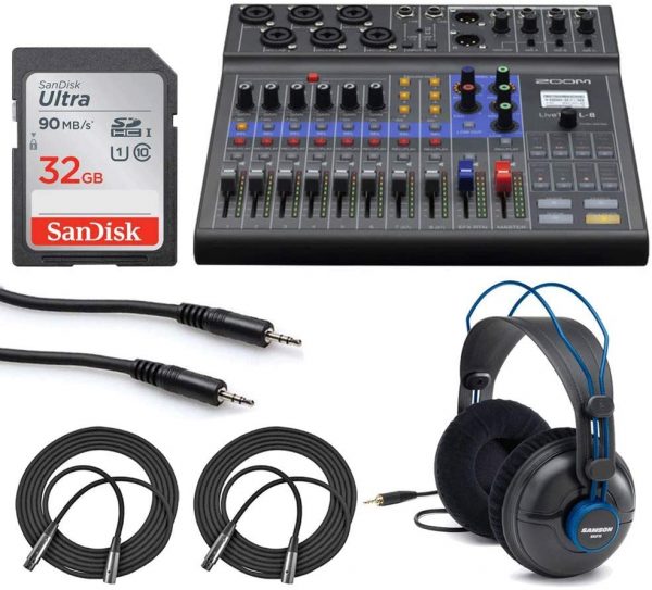 Zoom LiveTrak L-8 Portable 8-Channel Digital Mixer and Multitrack Recorder + 32GB Memory Card + Studio Headphones + Stereo Mini Male Cable + Mic Cables - Valued Bundle