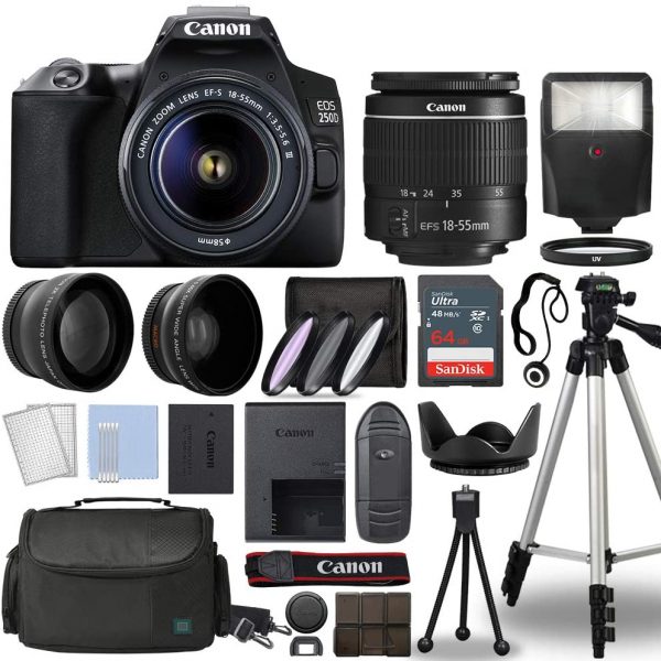 Canon EOS 250D / Rebel SL3 Digital SLR Camera Body w/Canon EF-S 18-55mm f/3.5-5.6 Lens 3 Lens DSLR Kit Bundled with Complete Accessory Bundle + 64GB + Flash+ Case & More- International Model